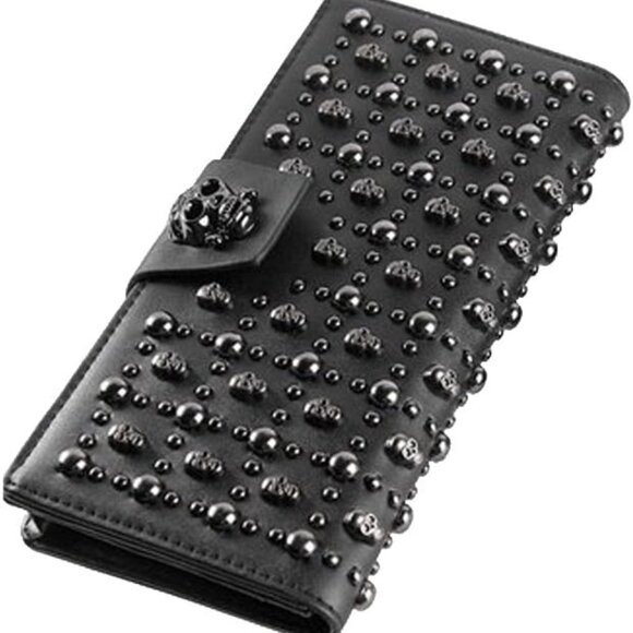 Women's Leather Skull Studded Wallet Large Capacity Card Holder Gift - Picture 1 of 5